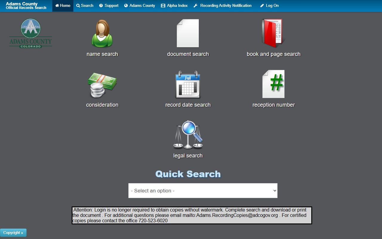 Landmark Web search interface for Adams County deed records