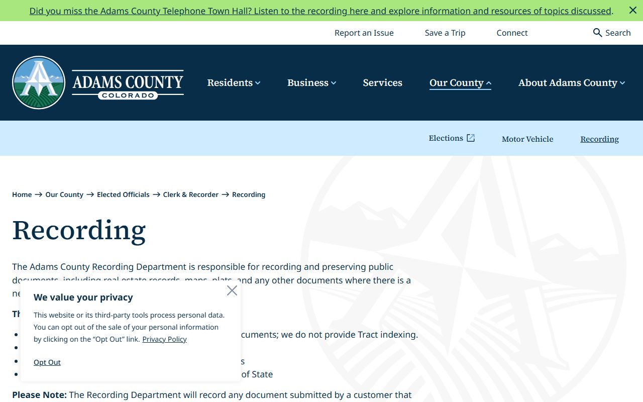 Adams County Clerk and Recorder Recording Department homepage