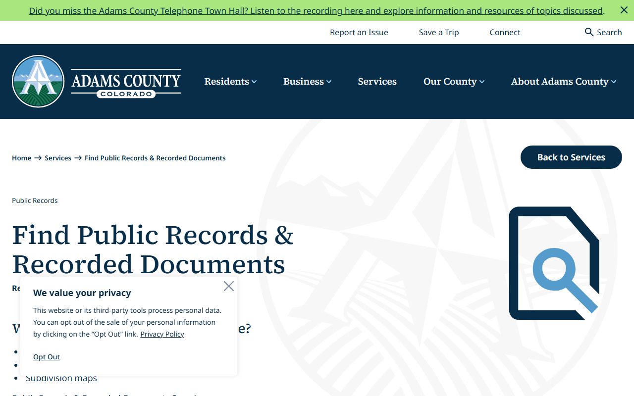 Adams County public records service page