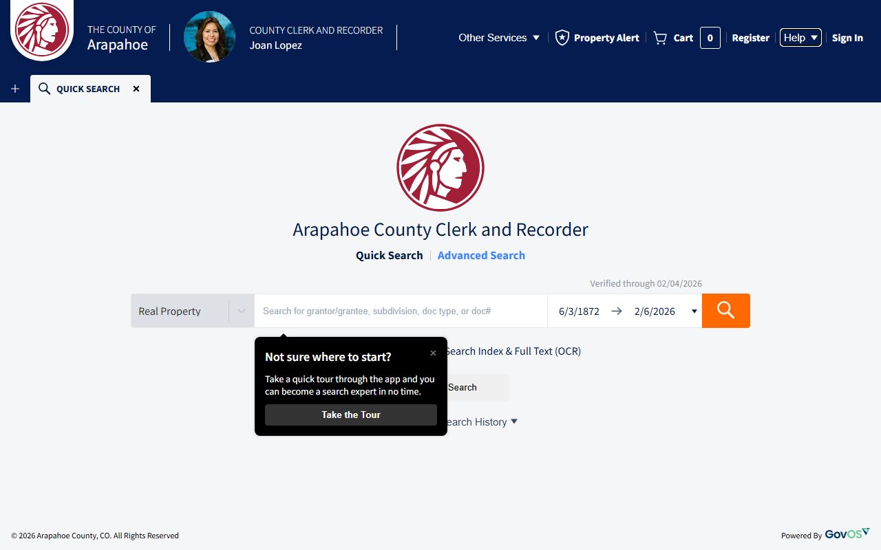 Arapahoe County online records database search interface showing property records