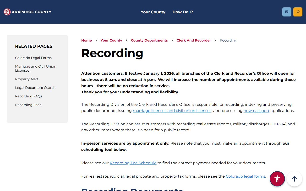 Arapahoe County Recording Division information page showing office hours and services