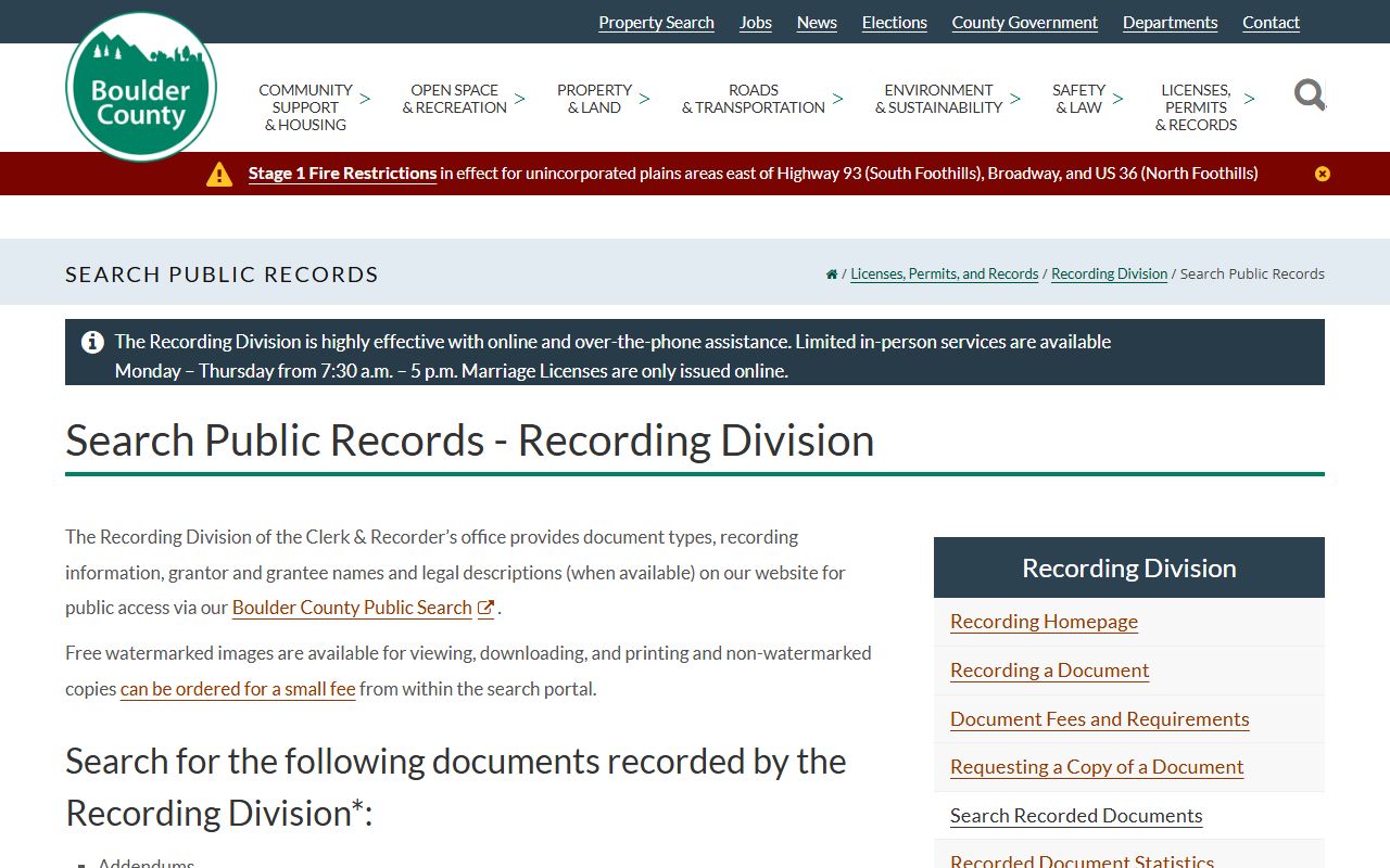 Boulder County Public Search interface for deed records