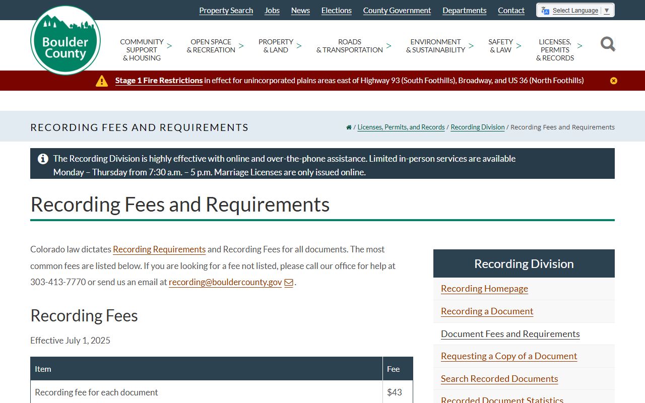 Boulder County recording fee information page