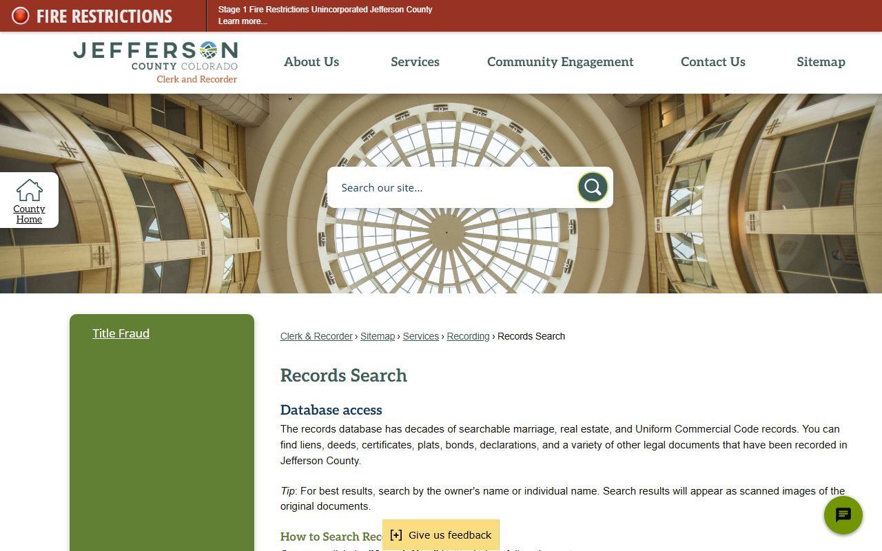 Jefferson County records search information page