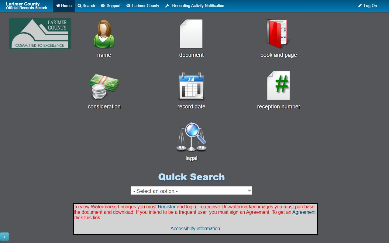 Landmark Web search interface for Larimer County deed records