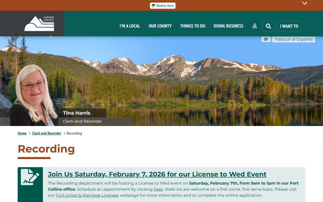Larimer County Clerk and Recorder Recording Department homepage
